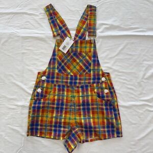 NEW WeWoreWhat XS Rainbow Plaid Overall Shorts NWT‎ $128 Festival Pride